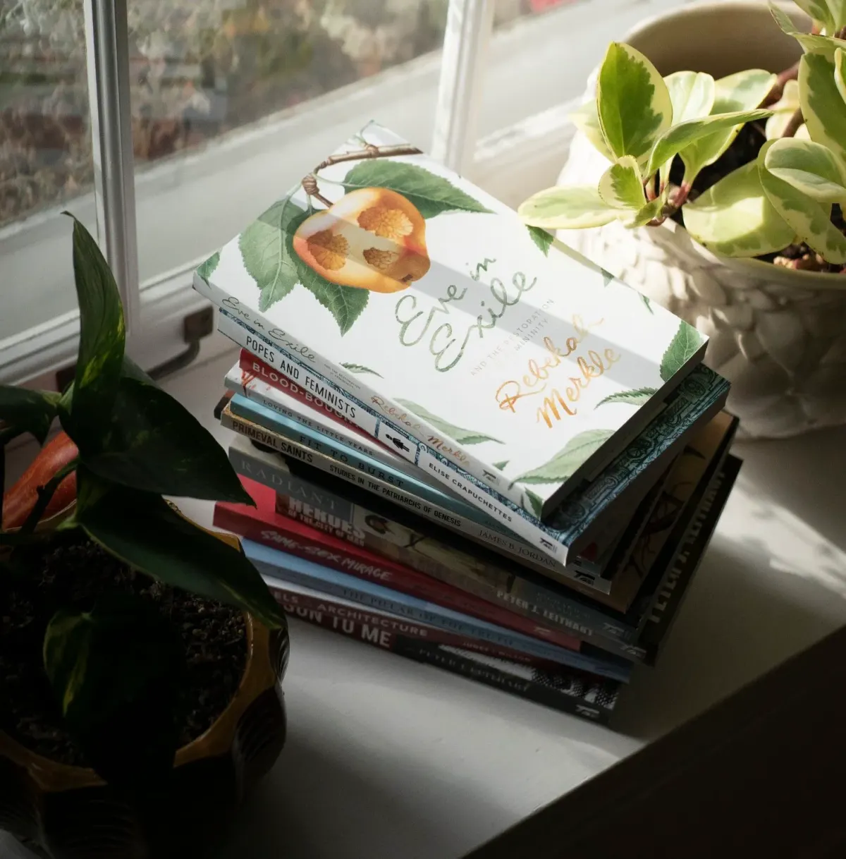 Canon Press books stacked on a sunny windowsill beside houseplants